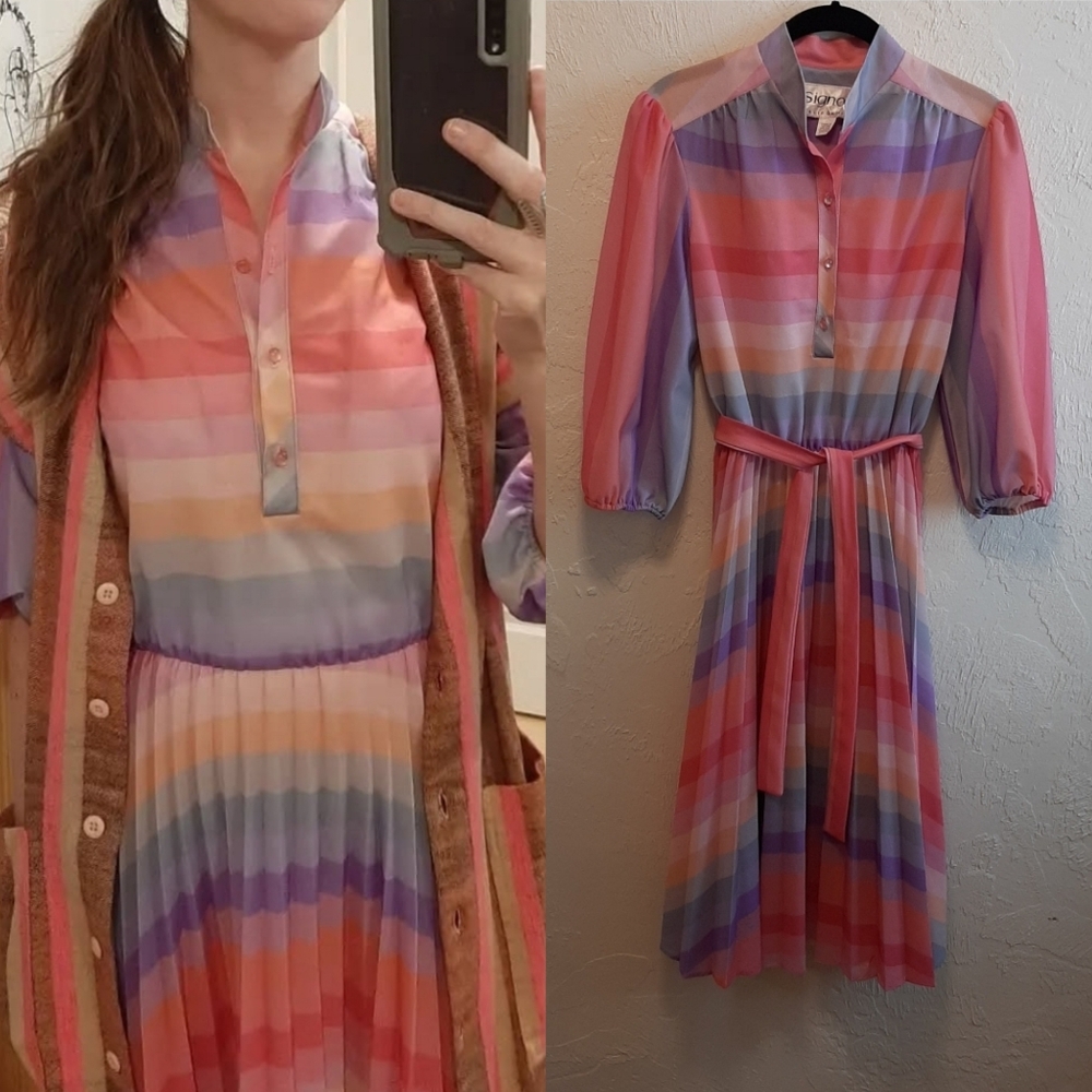 Vintage 70s Signor CA Rainbow Stripe Dress M
